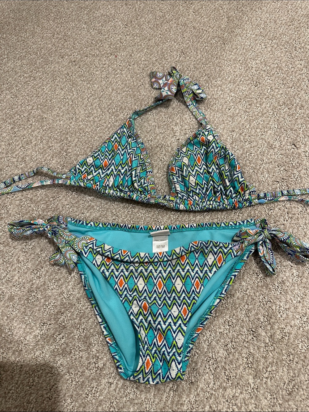 Triangle Tie-Side Bikini Set in Teal Multi-Print